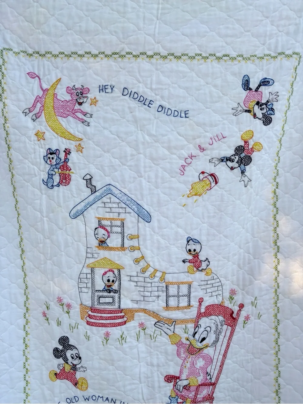 Vintage Disney Cross Stitch Embroidered Crib Quilt Nursery Rhyme Story 60 X 39